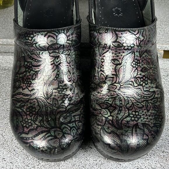 Dansko Leather Metallic Floral Clogs Mules Professional Shoes EU 42 US 11.5 - Picture 3 of 9